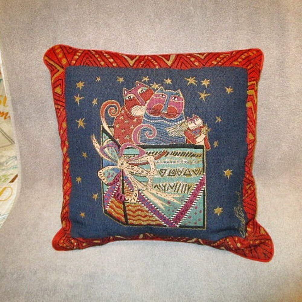Vtg Laurel Burch Cat Tapestry Pillow 18” Stars Kitty Velvet Metallic Y2K 90s EUC